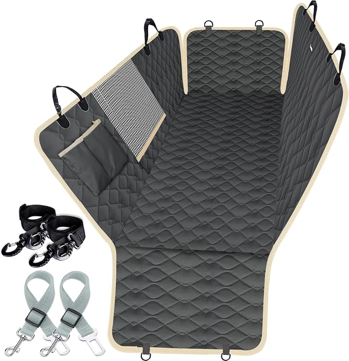 Lassie Dog Car Seat Covers for Back Seat with 2 Seat Belts, Waterproof Dog Car Hammock with Mesh Window Durable Scratch Proof Nonslip Pet Carseat Covers Universal Fit Protector for Cars, Trucks & SUVs