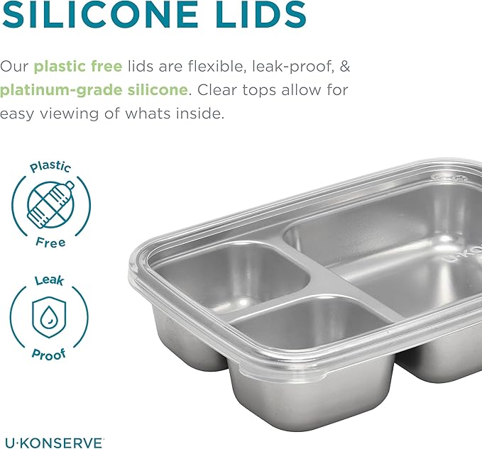 U Konserve Stainless Steel Rectangle Divided 3 Section Food Storage Bento Box Container, Leak Proof Silicone Lid Dishwasher Safe - Plastic Free, (24oz Clear)