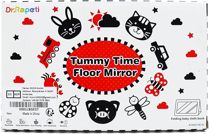 Dr.Rapeti Tummy Time Floor Mirror for Baby Infant Toddler Kids Black and White High Contrast Baby Toy with Teethers Floor Activity Toy Washable Non-Toxic