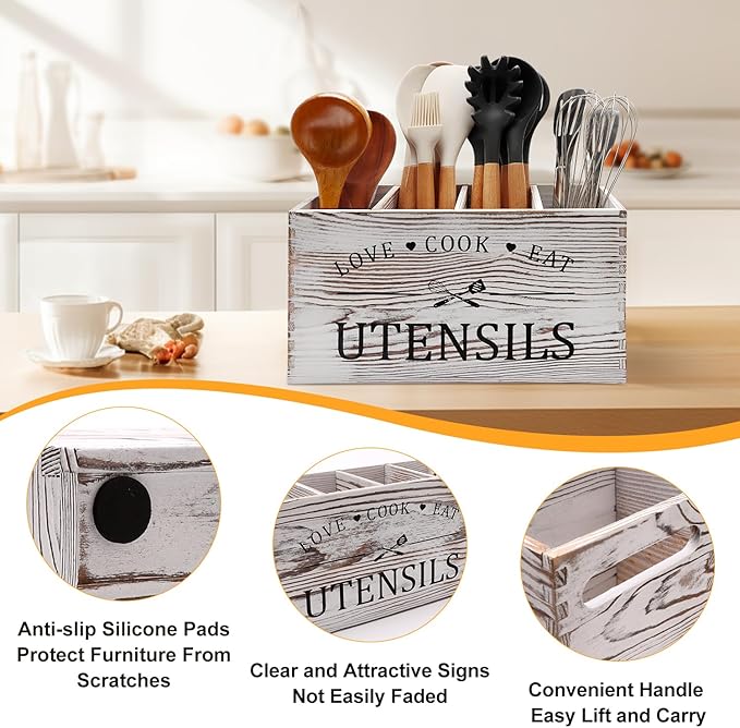 Rustic White Wooden Utensil Holder