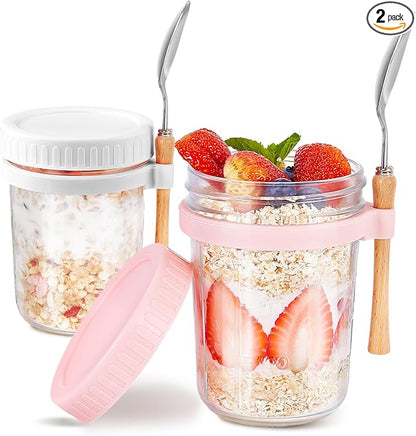 16oz - 2 Pack Overnight Oats Jars with Lids and Spoon, Overnight Oats Container with Lids, Airtigh Oatmeal Containers with Measurement Marks, Wide Mouth Mason Jars for Salad, Cereal - Pink & White