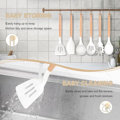 P&P CHEF Cooking Utensils Set, 6 PCS Kitchen Utensils with Wooden Handle, Silicone Spatula for Nonstick Cookware, Easy Clean & Non-toxic, White