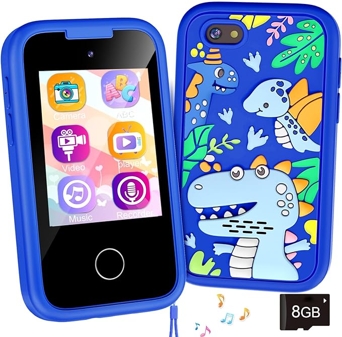 Kids Phone Birthday Gifts Toy for 3 4 5 6 7 8 9 10 Year Old Girls Boy,Toddler Kid Smart Phone with Dinosaur Silicone Cover Educational Games,Music Player,Toys for Girls Boys Age 3-8(Blue)