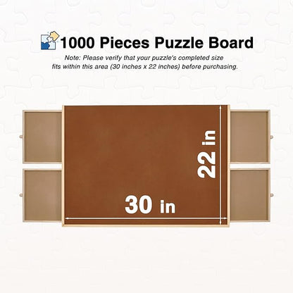 Tilting Puzzle Board with Drawers and Cover, 1000 Piece, 30" x 22", Portable Wooden Jigsaw Puzzle Table for Adults and Kids, 4 Drawers