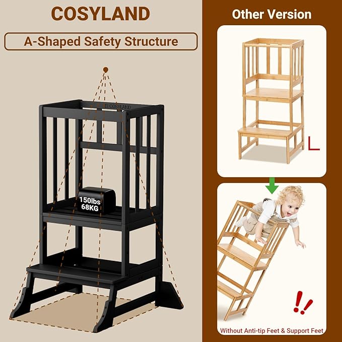 COSYLAND Kitchen Tower for Toddlers with Anti-Tip Support – Lightweight Toddler Kitchen Stool Helper for Bathroom Living Room Dining Room – Solid Bamboo Standing Tower (Black)