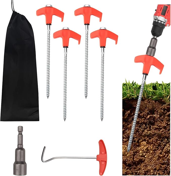 4 Pcs Tent Stakes Heavy Duty, 8 inch Ground Anchors Screw in, Screw in Tent Stakes, Camping Stakes with Storage Box, Threaded Tent Spikes with Hex Head Driver and Stake Puller, Ground Stakes
