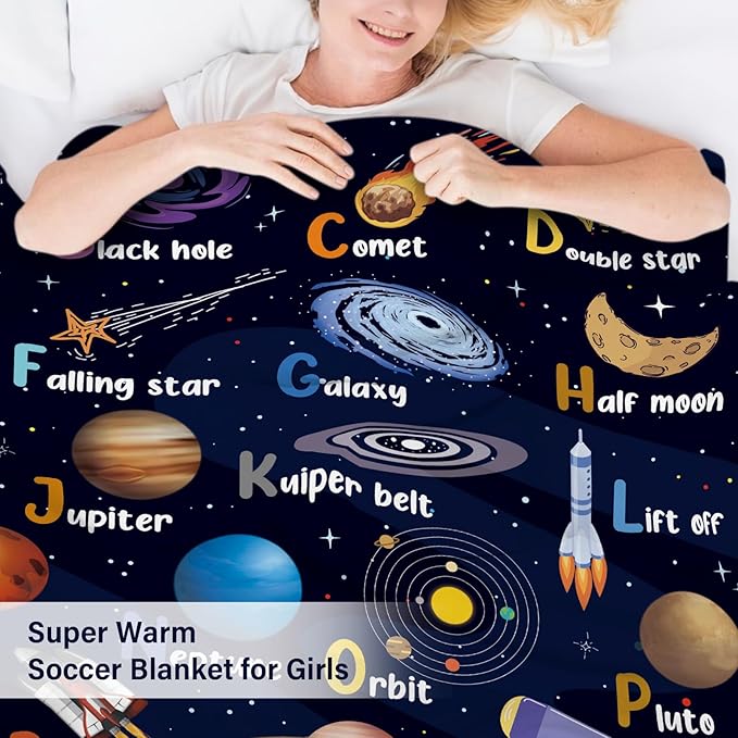 Space Alphabet Blanket, Space Themed Bedroom Decor, 50" X 60" Galaxy Blanket, Gifts for Kids, Planet Astronaut Gift for Boys Kids Birthday Christmas