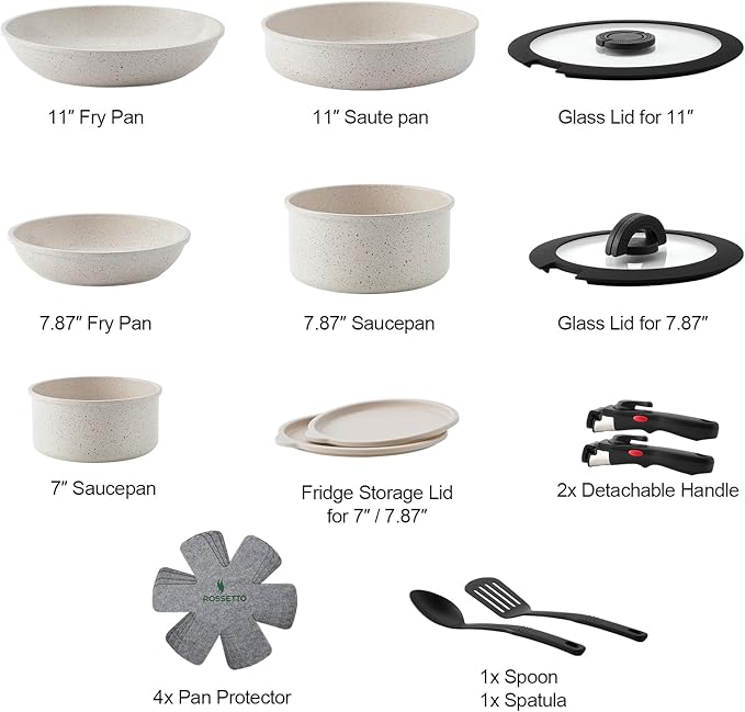 ROSSETTO 17pcs Pots and Pans Set Non Stick from France, Ceramic Cookware Set with Removable Handle, Induction RV Kitchen Cookware Set, Stackable, PFOA and PFAS Free, Oven Safe