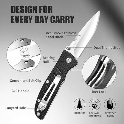 Harita Pocket Knife Folding EDC Knife with Belt Clip, 2.76 inch 8Cr13MoV Straight Edge Blade, G10 Handle, Foldable Knife for Camping Finshing Hunting Survival for Men Women Black