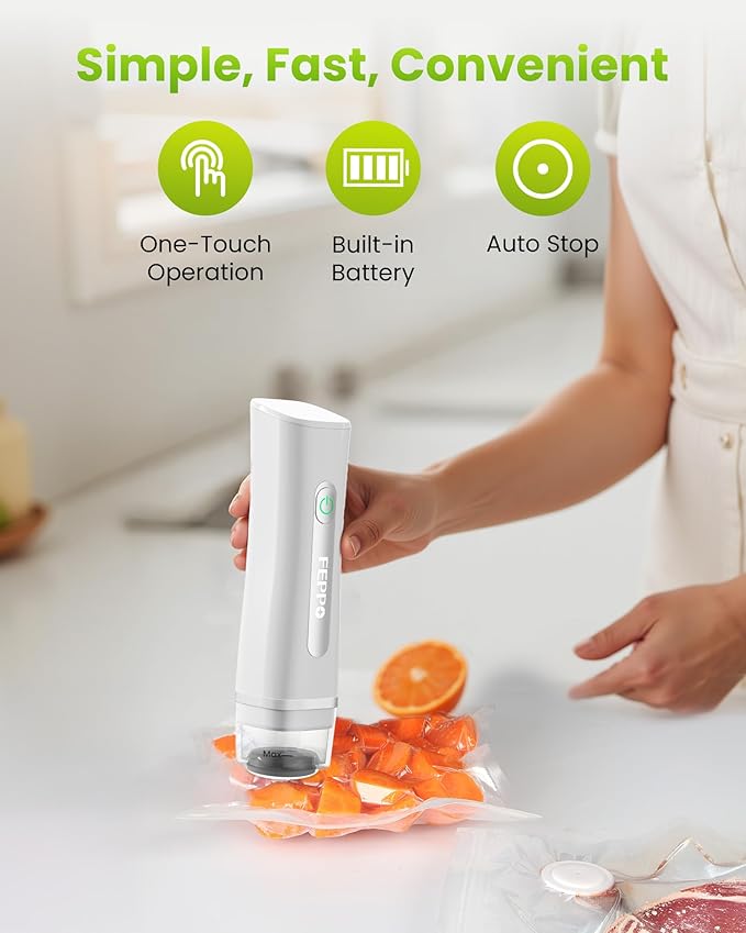 FEPPO Vacuum Sealer for Food with Visible Water Tank, Handheld Saver Compact Vacuum Sealer Machine with 30 Reusable Bags for 6X Preservation & Fresh, White