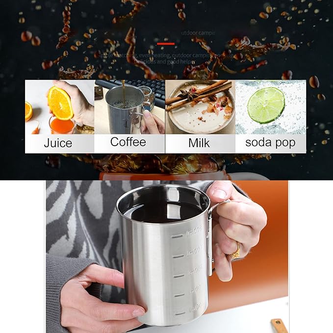 Stainless Steel Camping Cup, 17oz Fireproof Metal Cup with Lid and Foldable Handle, High Temperature Direct Heating, Great for Backpacking