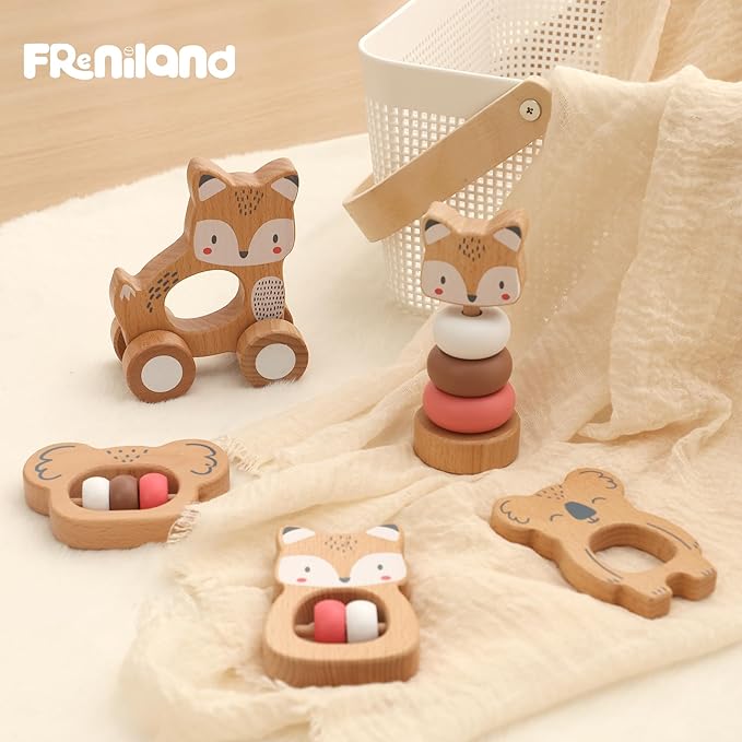 Freniland Wooden Montessori Toys, 5-Piece Wooden Baby Toys, Koala Wooden Baby Rattle, Fox Stacking Ring Baby Toys, Little Fox Wooden Baby Push and Pull Toys,Newborn Baby Gift Sets for Boys and Girls