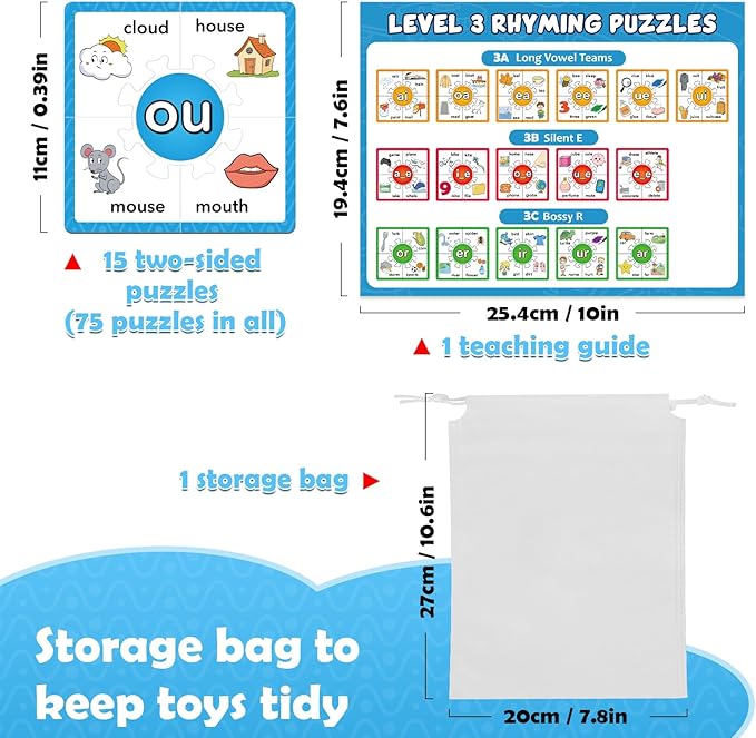 Torlam Phonics Puzzle, Rhyming Games Phonics Games Flash Cards for Kids Toddler, Learn to Read Spelling Reading Sight Words, Long Vowel Silent E Site Words for Preschool Kindergarten Homeschool