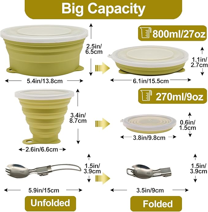 Mess Kit for Camping Silicone Collapsible Bowl Collapsible Cup and Stainless Steel Spoon for Backpacking Outdoor Hiking Traveling and Picnic - 2 Pack