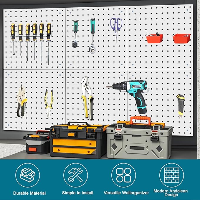6 Pack Steel Peg Board,Universal 1/8 and 1/4 Pegboard Accessories,Ideal for Garage Tool Storage, Office Organization, Craft Room, Kitchen etc. (White, 6-12X12)