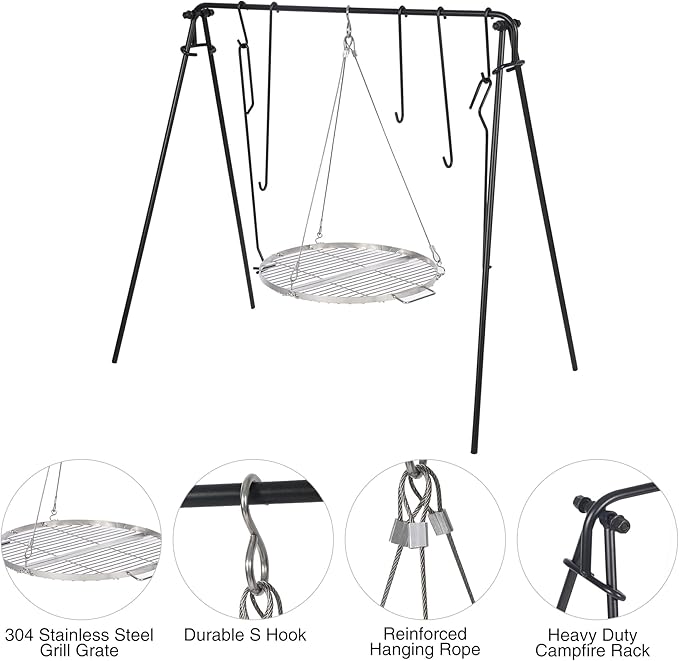 REDCAMP Swing Campfire Grill Stand - Collapsible Campfire Cooking Rack with 6 Hooks & Stainless Steel Grill Grate, Portable Dutch Oven Hanger for Outdoor Camping, Cookware, Bonfire, Round