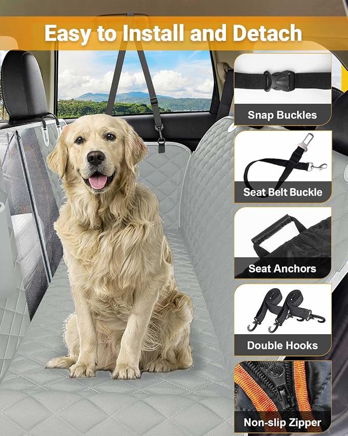 Dog Car Seat Cover, 600D Heavy Durable Dog Seat Cover for Back Seat, 100% Waterproof Scratch Proof Nonslip Dog Hammock for Car with Side Flap, Pet Back Seat Covers for Cars with SeatBelt Gray