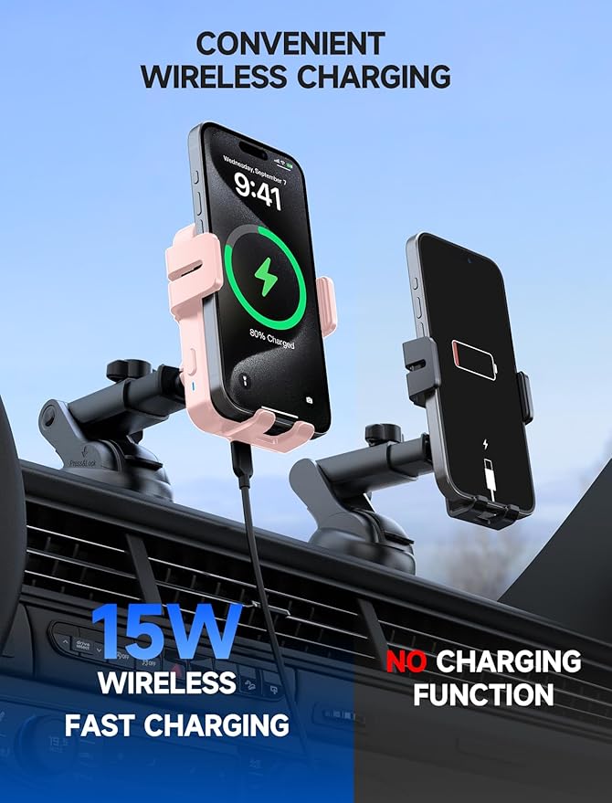 MOKPR Wireless Car Charger, 15W Auto Clamping Car Charger Dash Windshield Air Vent Phone Holder Compatible with iPhone 16 15 14/13/13 Pro/12 pro/12/11/X/8, Samsung S24/S23/S22, Pink