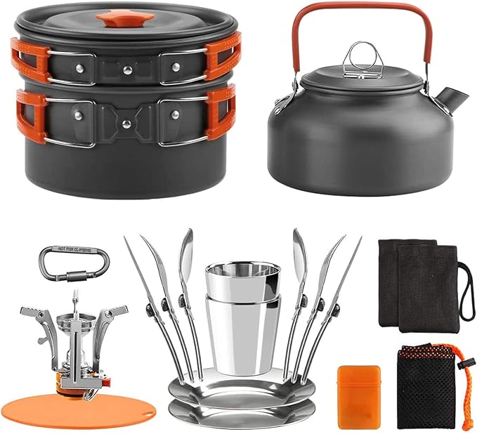 Pots and Pans Set Lixada Outdoor Camping Cookware Mess Kit Camping Cooking Set Tableware with Stove Spoon Fork Cutter for Camping Hiking Backpacking Picnic