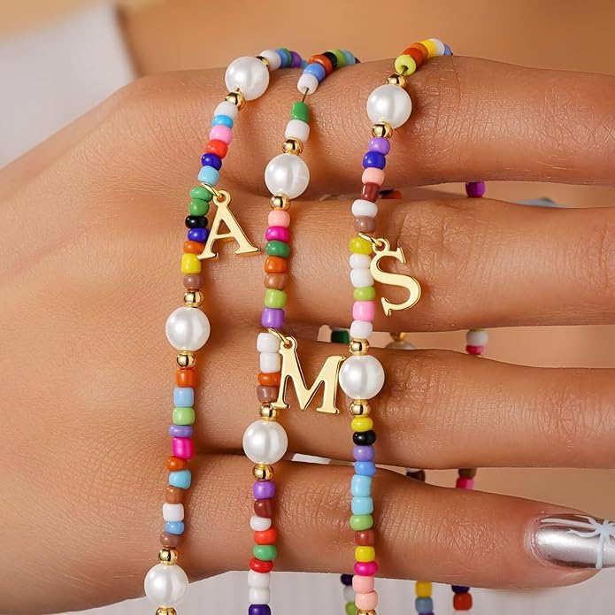 M MOOHAM Colorful Initial Necklaces for Girls - Beaded Pearl Choker Necklace for Women Teen Girl Colorful Summer Boho Necklace Jewelry, Trendy Personalized Letter Initial Gifts Birthday Gifts Kids