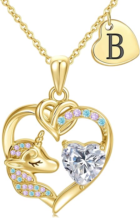 C-leen Unicorn Gifts for Girls Kids - Colorful CZ Heart Initial Necklaces Unicorn Necklace for Girls Jewelry Christmas Birthday Gifts for Little Girl