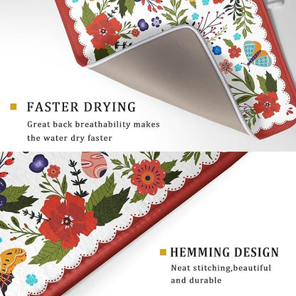 Large Microfiber Dish Drying Mat Red Floral Absorbent Drying Pad