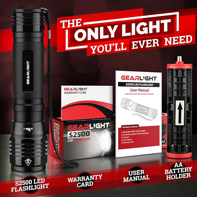GearLight S2500 LED Flashlight - Extremely Bright, Powerful Tactical Flashlights with High Lumens for Camping, Emergency & Everyday Use - 1 Pack, (Batteries Not Included)