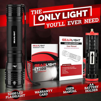 GearLight S2500 LED Flashlight - Extremely Bright, Powerful Tactical Flashlights with High Lumens for Camping, Emergency & Everyday Use - 1 Pack, (Batteries Not Included)