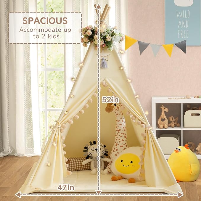 Teepee Tent for Kids with Padded Mat Cotton Canvas Kids Teepee with Pompom for Toddlers Indoor Play Tent for Girls Boys with Stars Lights, Carry Bag, Banner Flag (Cream)