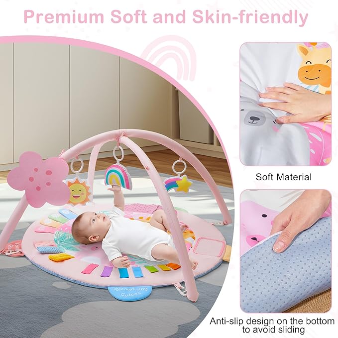 Baby Play Gym Mat Tummy Time Mat, Washable Baby Activity Play Mat for Sensory, Visual, Hearing, Touch Development, Baby Toys Shower Gift for Newborn