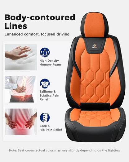 Huidasource Front Seat Covers, Universal Fit for Most Cars SUV Trucks, Full Coverage Leather Seat Cover, Airbag Compatble, Seat Function Retain, Storage Pocket Design, Easy to Install, Black & Orange