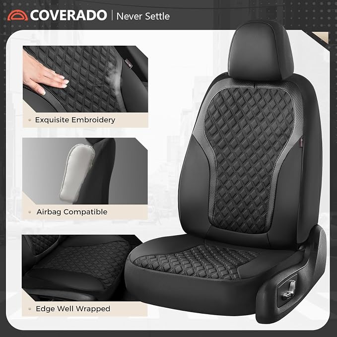 Coverado Seat Covers Full Set, Luxury Leather Car Seat Cover with Carbon Fiber Accents Design, Spill-Proof Durable Black Automotive Seat Covers, Front and Rear Seat Protectors Universal Fit Most Cars
