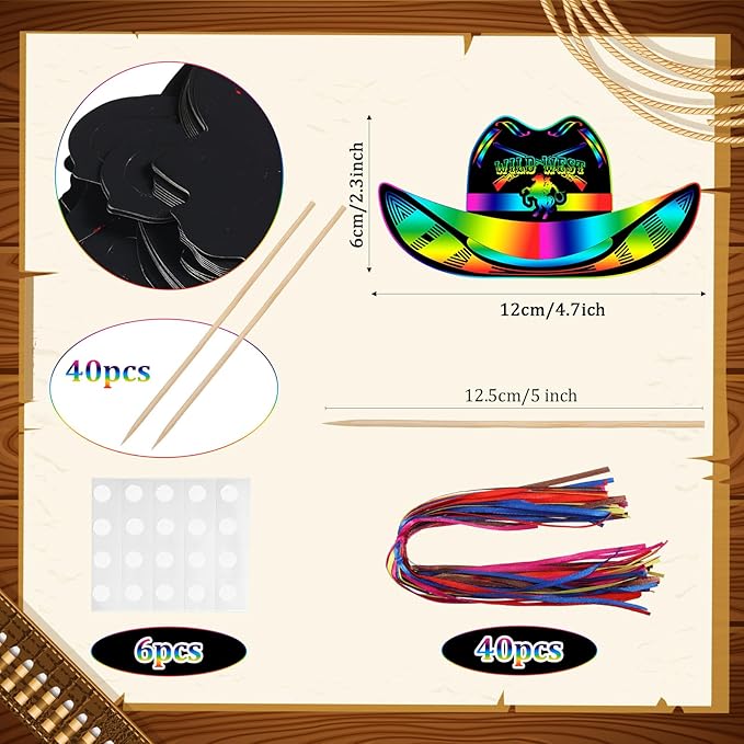 Hungdao 80 Pcs Western Cowboy Scratch Cards for Kids Colorful Rainbow Cowboy Scratch Paper Art with Wooden Stylus for Western Theme Birthday Party Classroom DIY Activities (Classic Style)