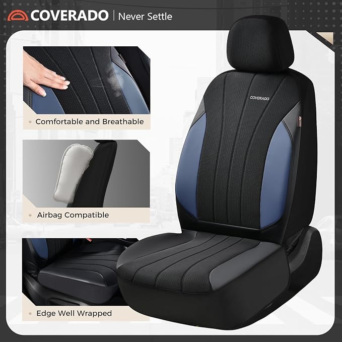 Coverado Seat Covers for Car, Leather Automotive Car Seat Covers 5 Seats, Mesh Breathable Auto Seat Protectors, Driver Seat Covers Universal Fit for SUV, Truck, Vans, Sedan
