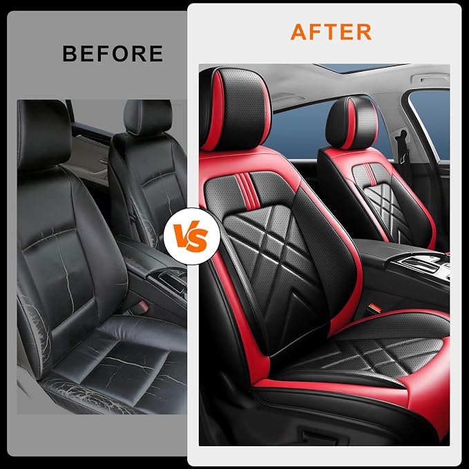 Ranger Car Seat Covers Custom Fit for Ford Ranger 2019-2026, Full Coverage Leather Waterproof Breathable Seat Covers, Automotive Seat Protectors, Airbag Compatible(2 Front Seats, Black & Red)