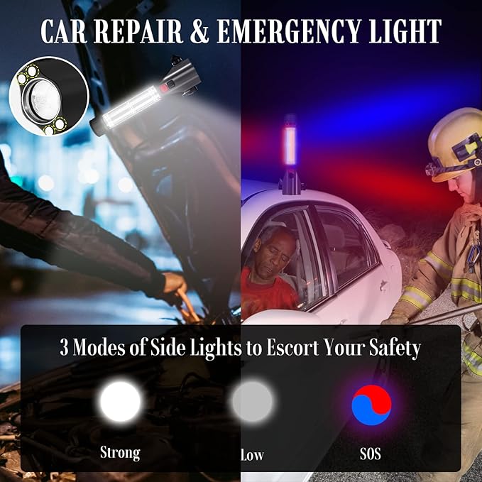 Solar Powered Car Safety Hammer Flashlight with Seatbelt Cutter, LED High Lumens, Red and Blue SOS Flashing, USB Charging, Magnetic Attraction, Portable Design