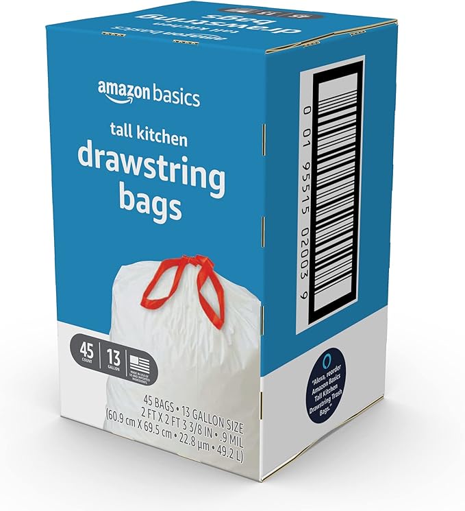 Amazon Basics Tall Kitchen Drawstring Trash Bags, 13 Gallon