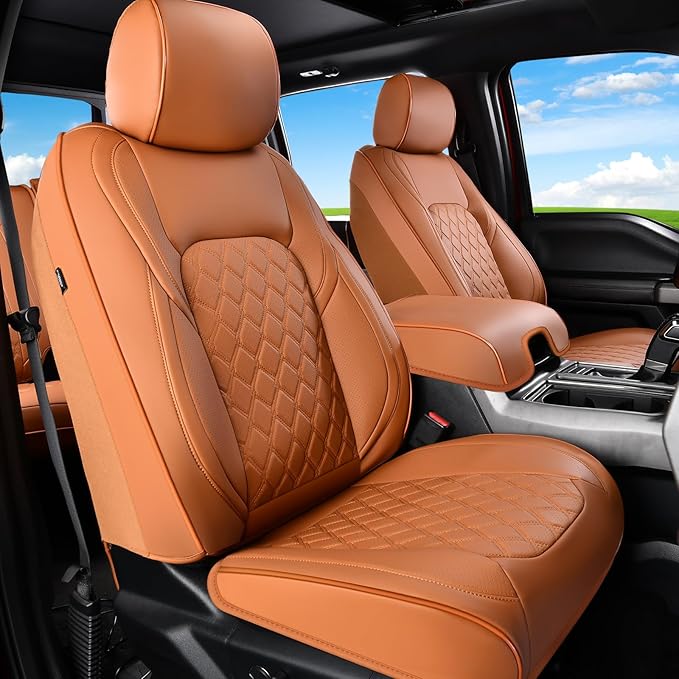 Huidasource F150 Truck Seat Covers Fit for 2015-2025 Ford F150 & 2017-2025 F250 F350 F450 Crew Cab XL XLT Lariat King Ranch Platinum, Full Coverage Leather Automotive Seat Cover(Full Set/Brown)
