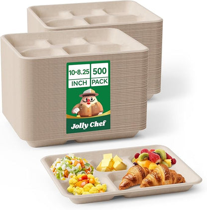 JOLLY CHEF Compostable 𝟱 Compartment Paper Plates 10*8.25*1 𝗶𝗻𝗰𝗵 [𝟱𝟬𝟬 𝗣𝗮𝗰𝗸] Small Heavy Duty Divided Disposable Eco-Friendly Biodegradable Food Trays for School Thanksgiving Day(Brown)