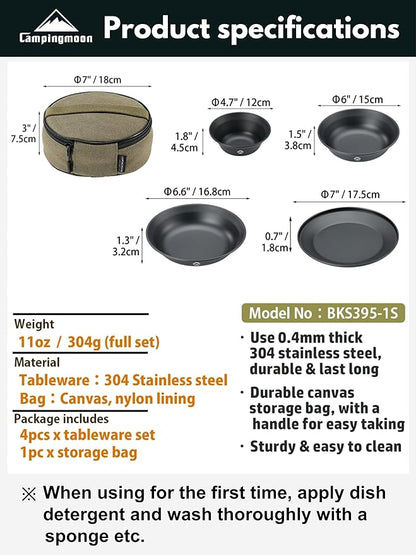 CAMPINGMOON Camping Plates Stainless Steel 4pcs Black BKS395-1S