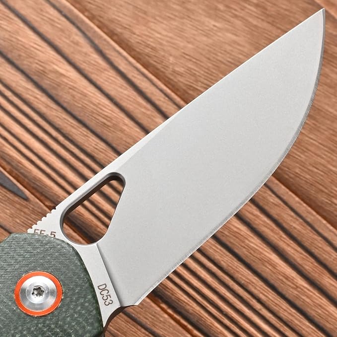 FF5 Folding Pocket Knife, DC53 Steel Blade Micarita Handle with Pocket Clip for Outdoor Camping Hunting Fishing Working (Green)