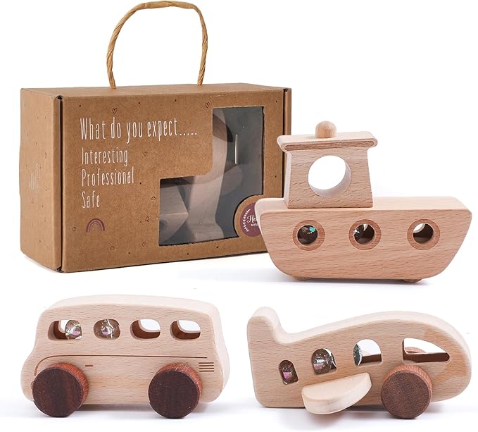 WOODEN TEETHER 3pcs Wooden Cars for Toddlers 1-3 Years Car Toys for Babies Wooden Baby Toys Include Car Boat Airplane，Ideal Gift for Girls and Boys