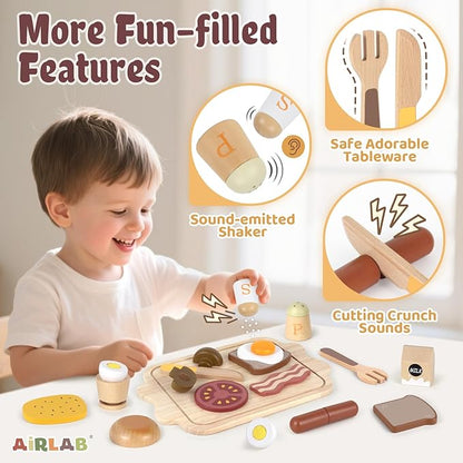 Airlab Toy Food for Toddler 3-5 Pretend Play Kids Kitchen Playset Breakfast Cutting Food Girl Boy Birthday Gift Age 3 4 5 6 Year Old Wood Educational Toys Kitchen Accessories