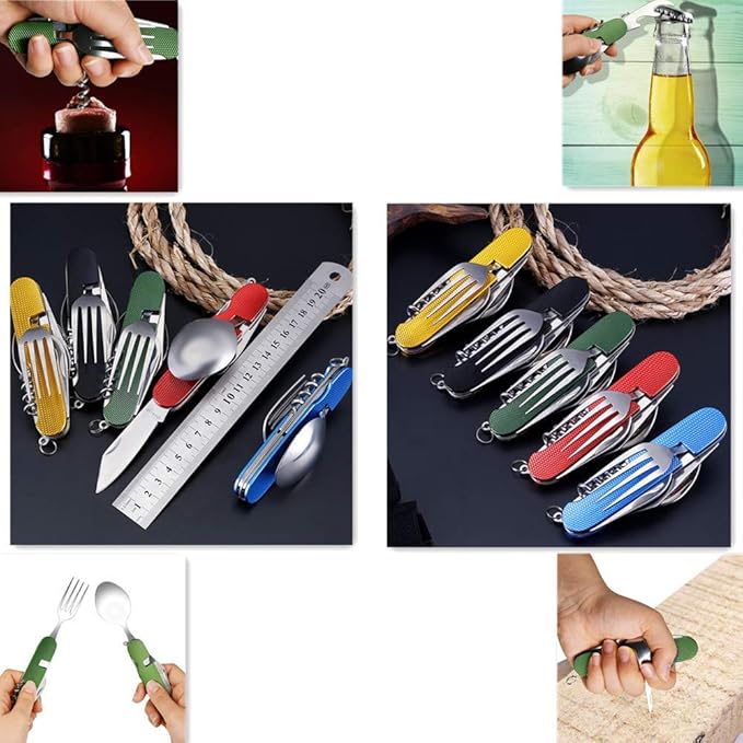 Cluck 6-in-1 Multi-Function Camping Utensil Flatware Set Detachable Spoon Fork Knife Combo Mess Kit with Carrying Pouch (Red + Black)