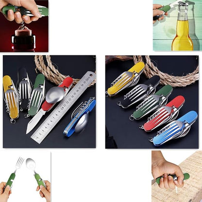 Cluck 6-in-1 Multi-Function Camping Utensil Flatware Set Detachable Spoon Fork Knife Combo Mess Kit with Carrying Pouch (Red + Black)