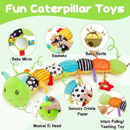 Baby Sensory Toy 0-6 Month Music Animal Stuffed Plush Caterpillar Toy for Infant 0-3-6 Month Tummy Time with Baby Mirror Crinkle Rattle for 6-12 Month Carseat Toys for Newborn Boys Girls Shower Gifts