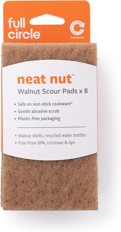 Full Circle Neat Nut, Walnut Scour Pads – Pack of 8 – Powerful, Non-Scratch