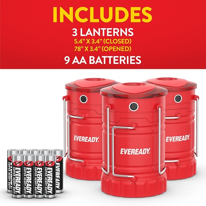 Eveready LED Camping Lantern 360 PRO (3-Pack), Super Bright Tent Lights, Rugged IPX4 Water Resistant LED Lanterns, 100 Hour Run-time (Batteries Included)