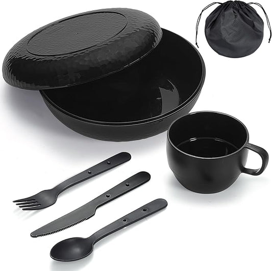Berglander Camping Mess Kit with Bowl, Plate, Cup, Spoon, Fork, Knife and Carry Bag, Plastic Camping Accessories Essentials Gear for Travel, Camping, Picnic, Outdoor, Easy to Carry & Store