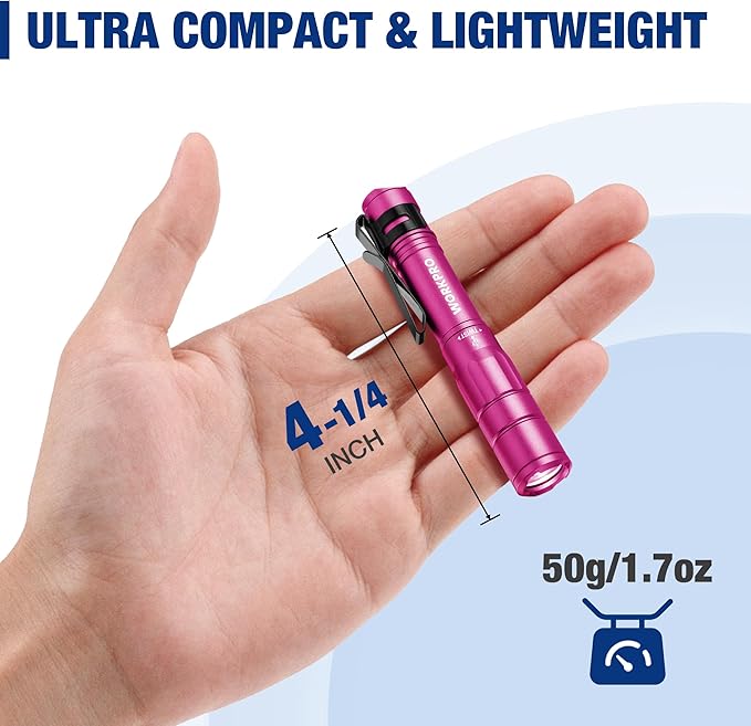 WORKPRO Rechargeable Pen Light, Mini Flashlight, 2 Pack Ultra-Compact EDC Flashlight, Pocket Flashlight with Clip, Memory Function and 2 x USB C Cable Included, Pink